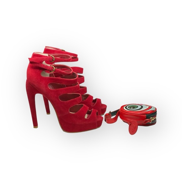 Leon Max 𖣴 Link Suede Platform Gladiator Stilettos Heels 𖣴 Fire Engine Red 𖣴 SJP - Picture 15 of 16